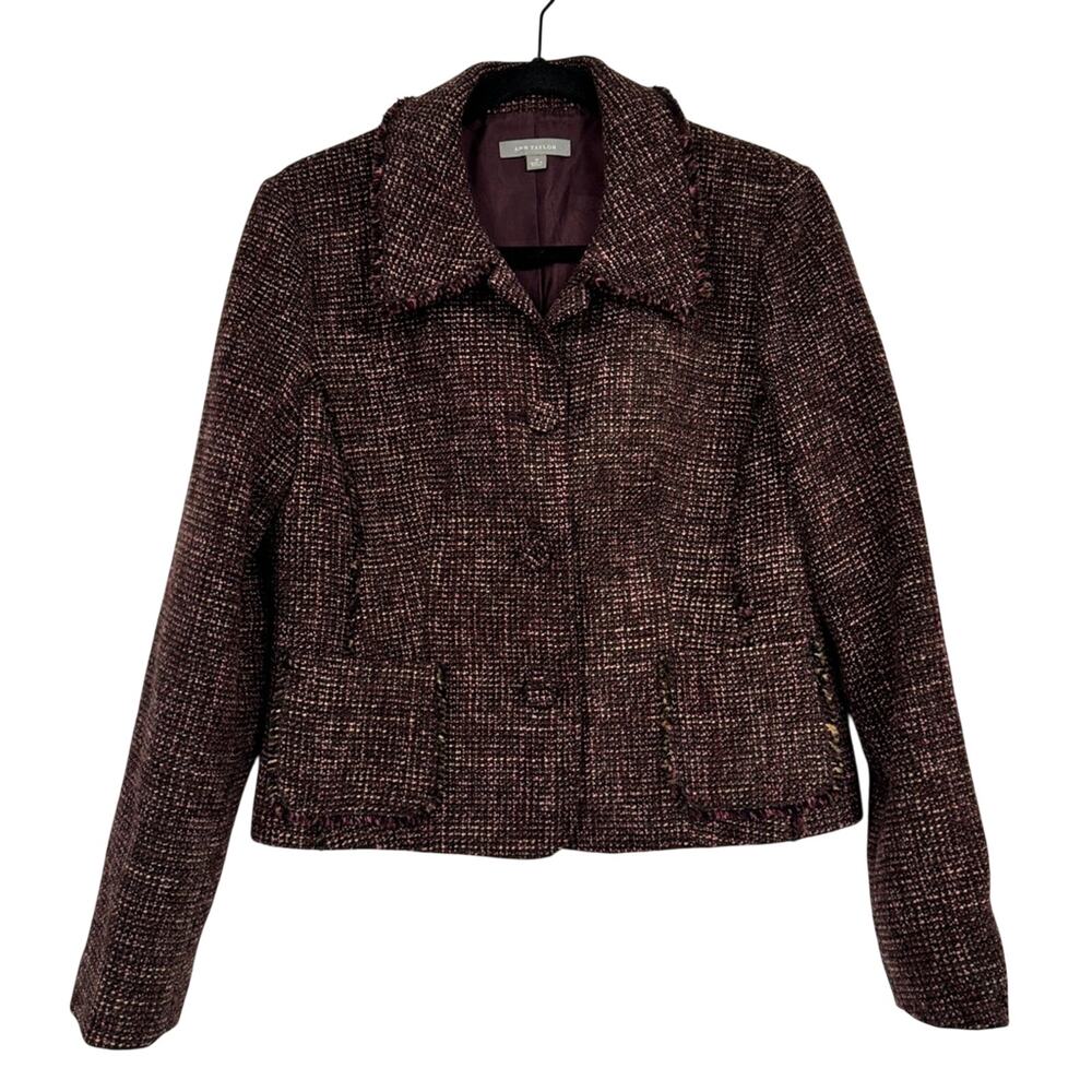 Ann Taylor Purple Tweed Fringe Fitted Blazer Jacket Womens 10 Preppy Career